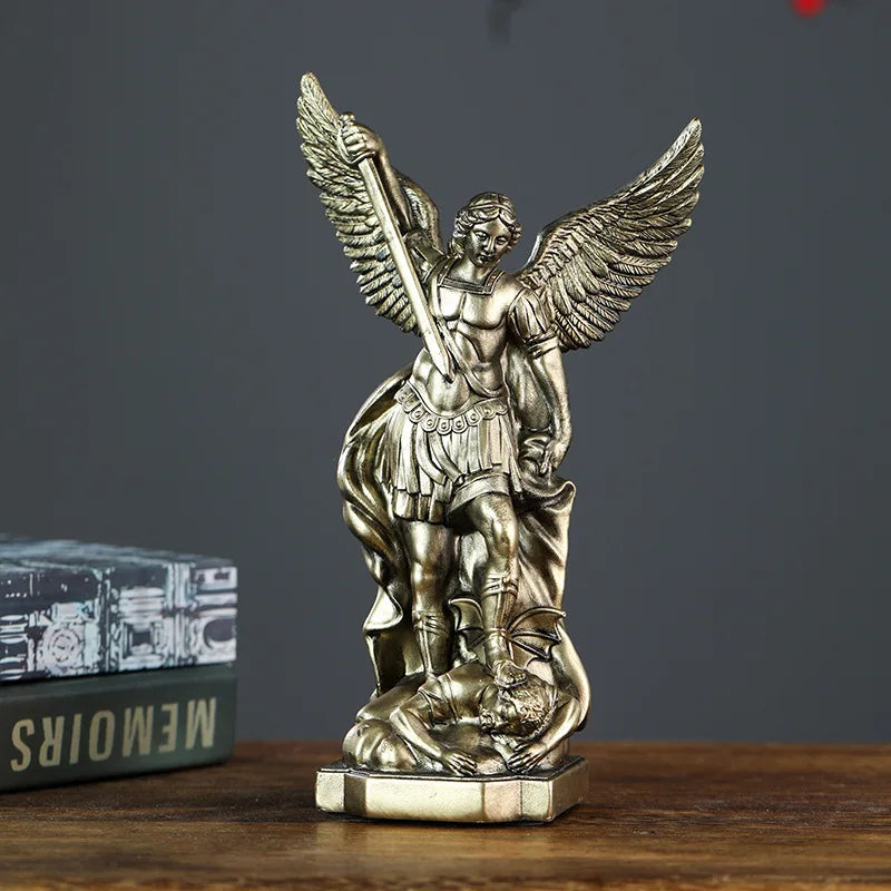 San Miguel Archangel Statue Retro Bronzed Resin Mythology Angel Figurine Christian Catholic Home Decorations Desktop Ornaments