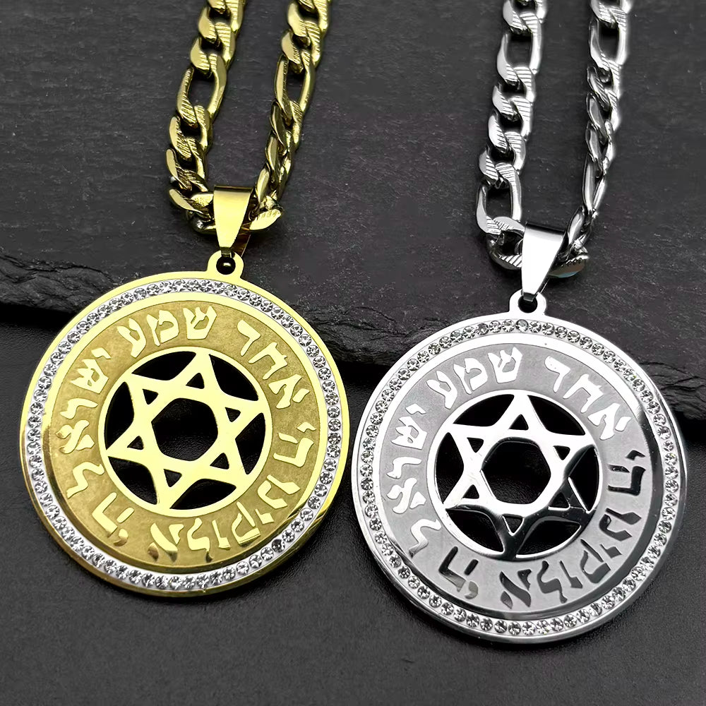Hebrew Star of David Crystals Pendant Necklace for Women Men Stainless Steel Gold Color Jewish Hexagram Hip Hop Chain Jewelry