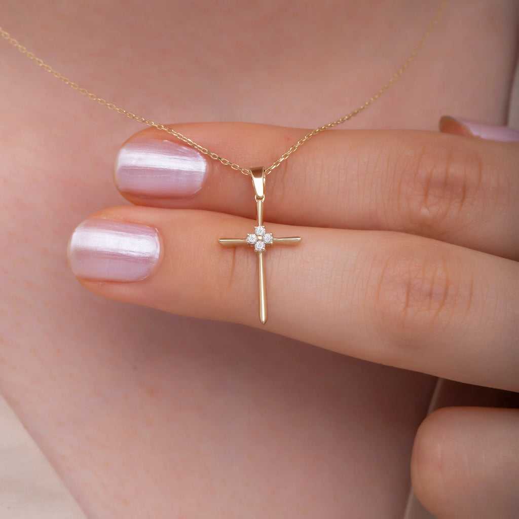 14K Solid Gold Diamond Cross Necklace: Religious Baptism Gift