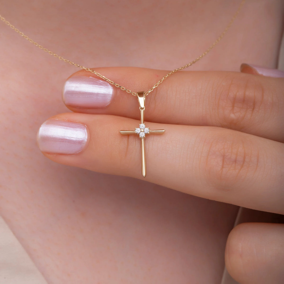 14K Solid Gold Diamond Cross Necklace: Religious Baptism Gift