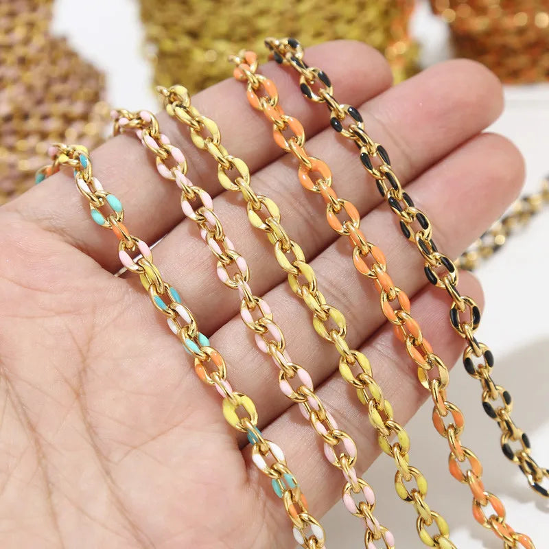 1 Meter Stainless Steel Gold Oval Satellite Enamel Rolo Chains 5.5Mm Rainbow Necklace Lip Chain for Minimalist Jewlery Making