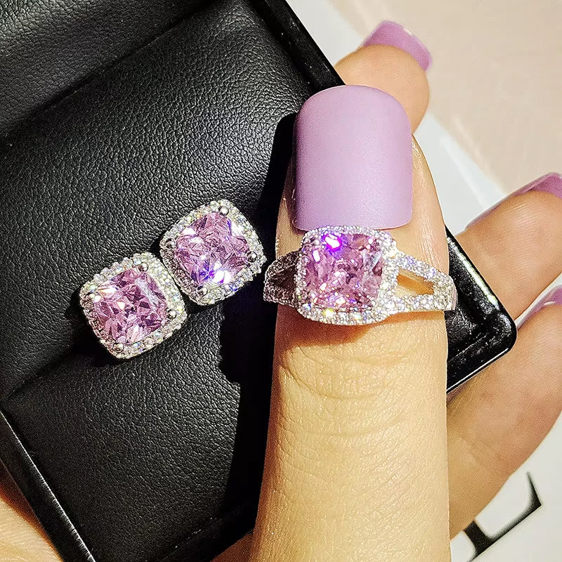 India Turkish Luxury Fashion Pink Blue Silver Color Jewelry Set for Wedding Women Dubai Ring Earring Party Gift Jewlery Z8