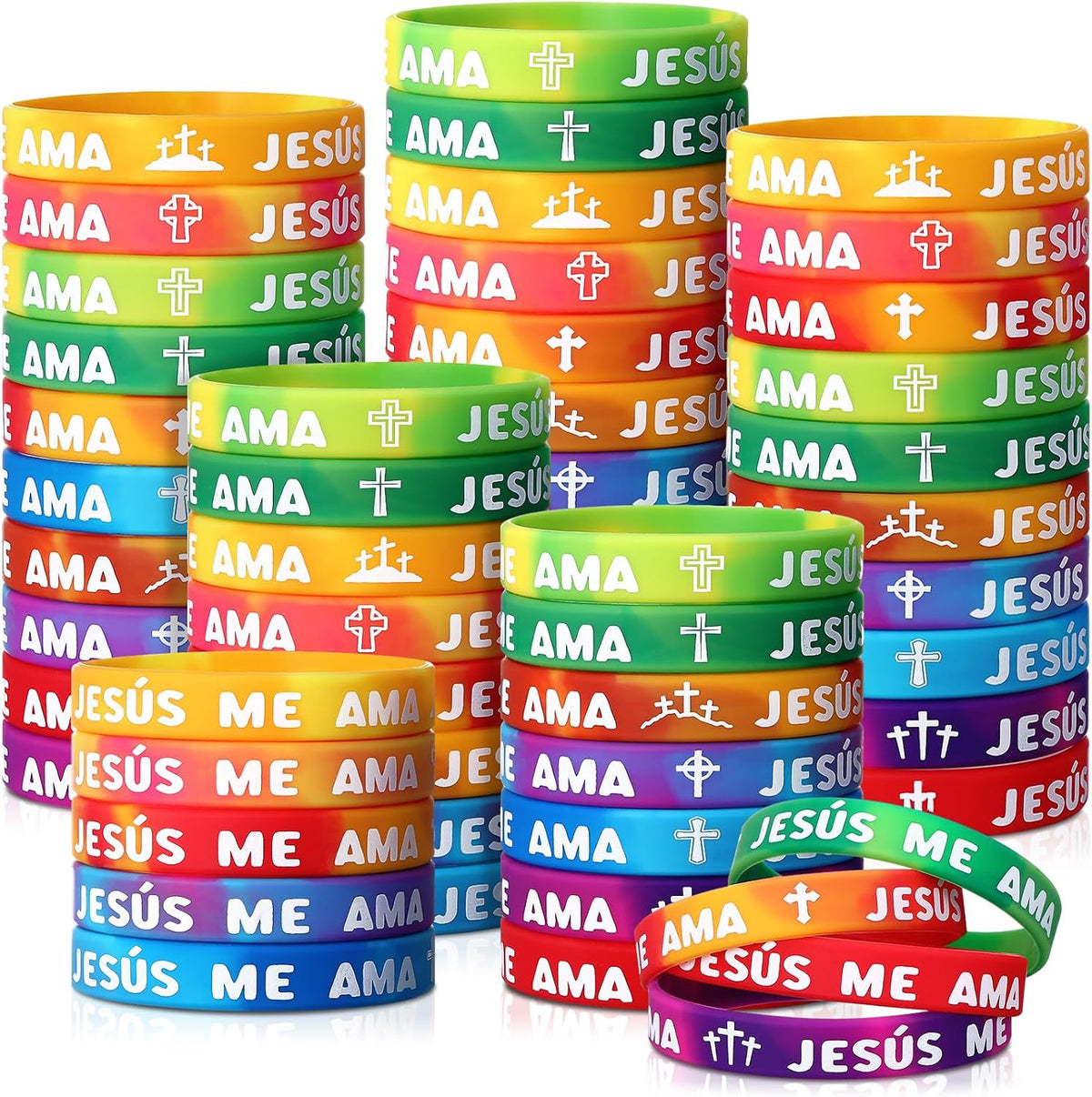 50 Pcs Jesus Me Ama Spanish Rainbow Wristbands 10 Cross Styles