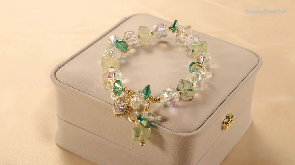 Prehnite Crystal Bracelet with Zircon Heart: Gemstone Meditation Jewelry