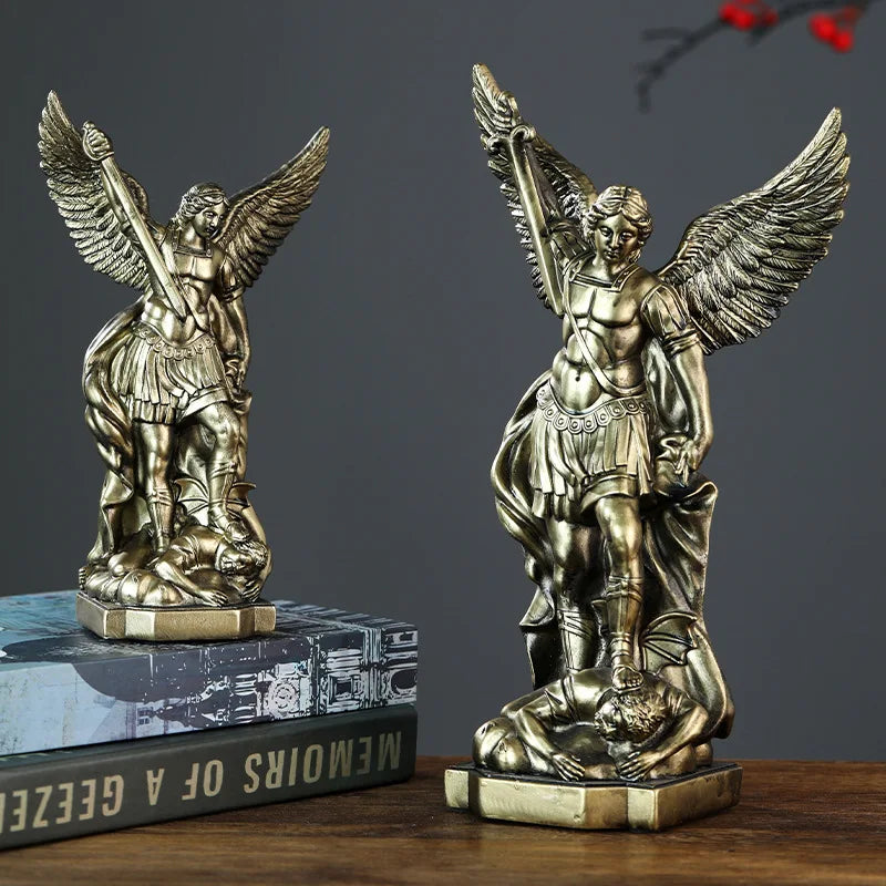 San Miguel Archangel Statue Retro Bronzed Resin Mythology Angel Figurine Christian Catholic Home Decorations Desktop Ornaments