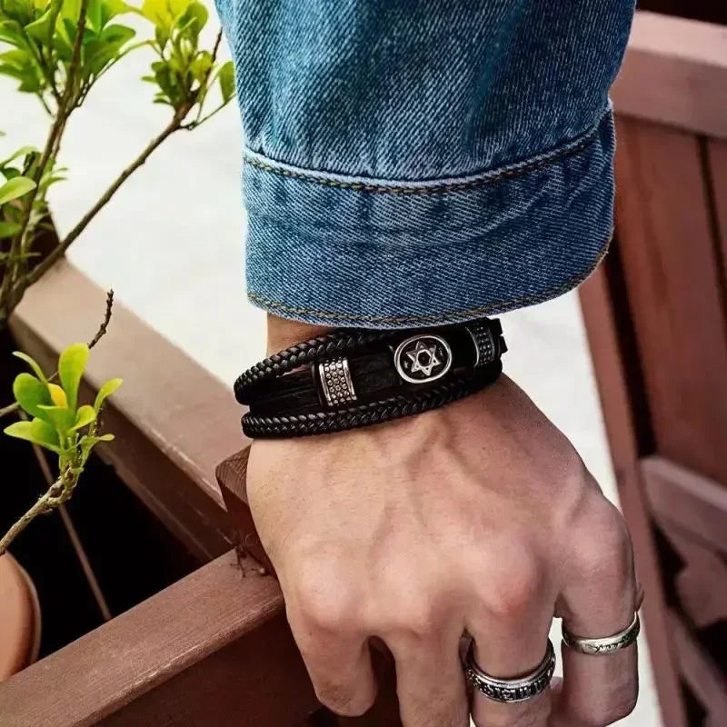 Fashion Star of David Multilayer Leather Braided Bracelet with Magnetic Clasp Men\\\\\\\'S Vintage Judaica Amulet Jewelry