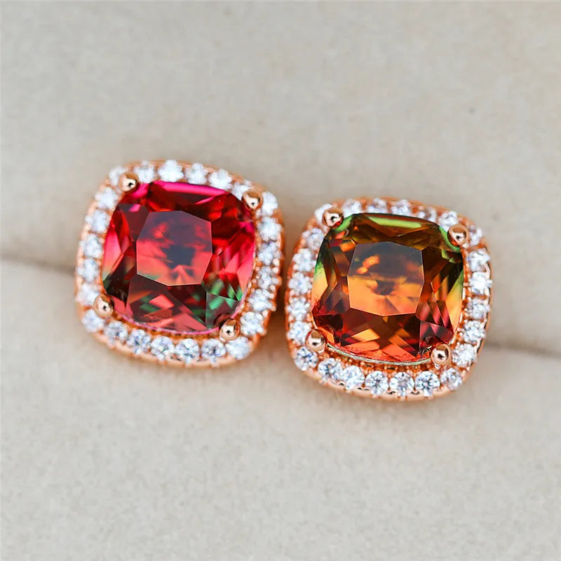 Korean Style Female Colorful Rainbow Stud Earrings Charm Zircon Stone Rose Gold Color Wedding Jewelry for Women
