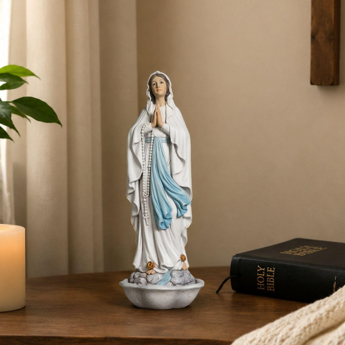 Our Lady of Lourdes Statue - 13 Inch Virgin Mary Praying Rosary Holder Catholic Blessed Mother Statue Hand Painted, Home Decor Religious Gift