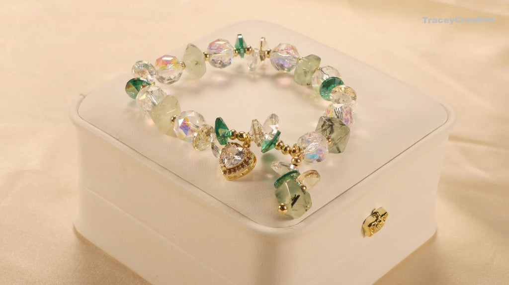Prehnite Crystal Bracelet with Zircon Heart: Gemstone Meditation Jewelry