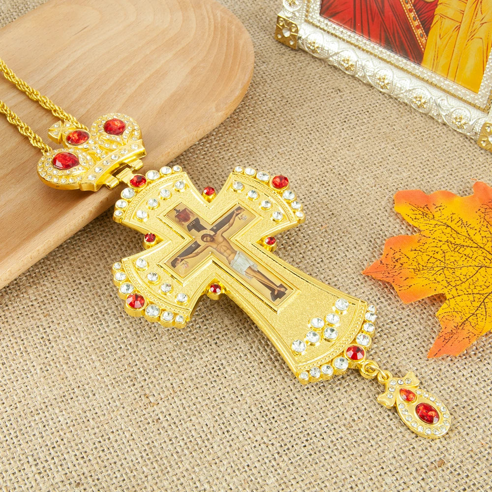 HTISOK Orthodox Jesus Crucifix Icon Pendant Cross Necklace for Church Spiritual Gift Religion Bishop Pectoral Cross Necklace