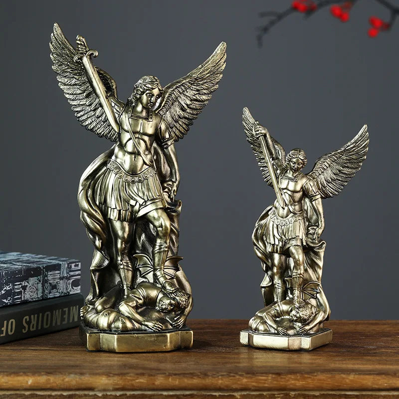San Miguel Archangel Statue Retro Bronzed Resin Mythology Angel Figurine Christian Catholic Home Decorations Desktop Ornaments