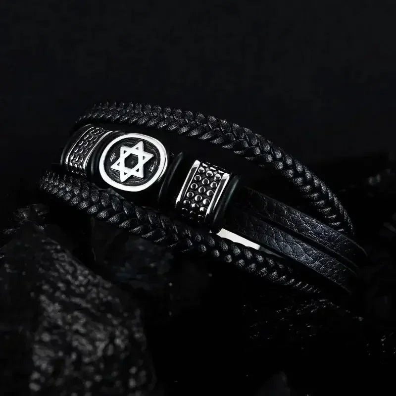 Fashion Star of David Multilayer Leather Braided Bracelet with Magnetic Clasp Men\\\\\\\'S Vintage Judaica Amulet Jewelry
