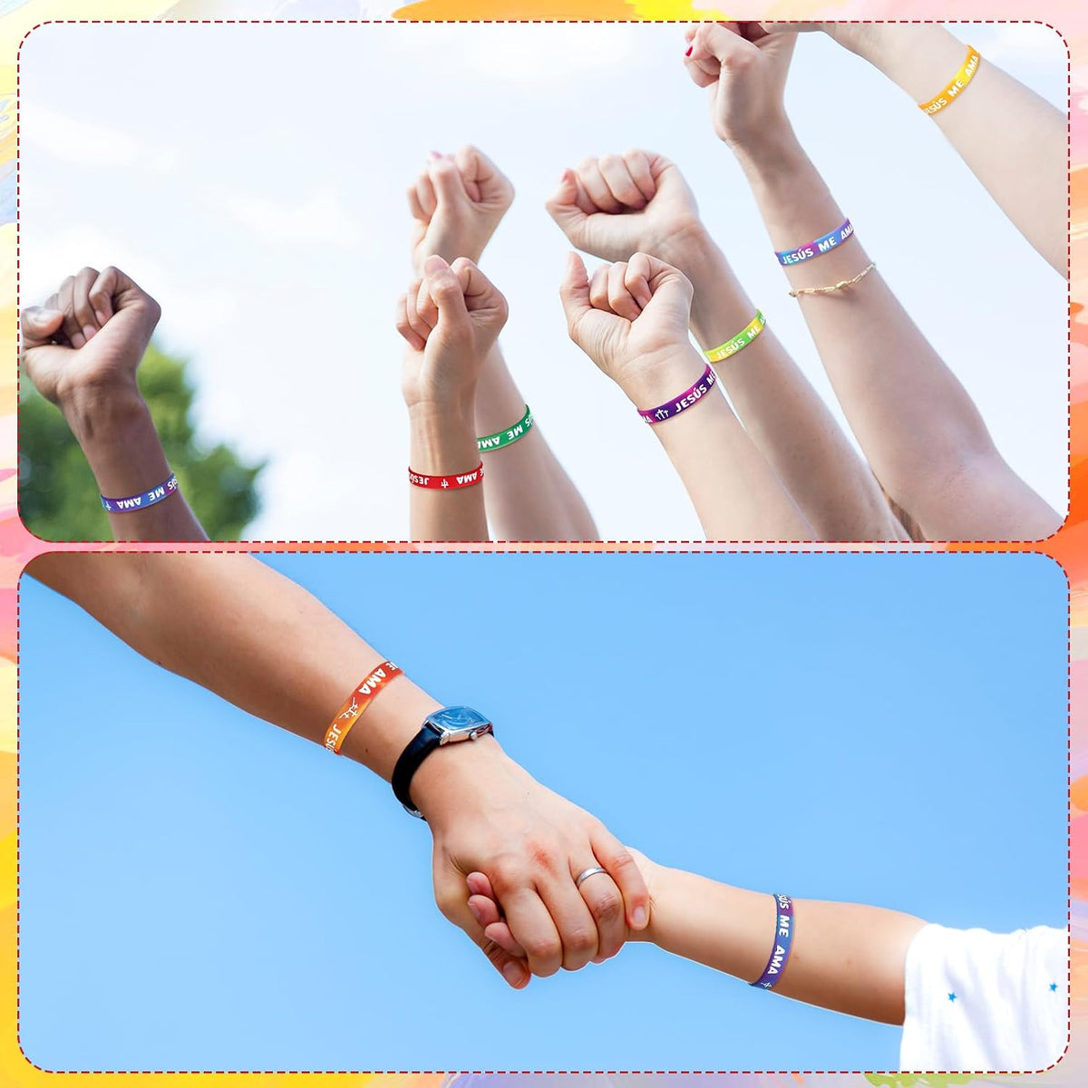 50 Pcs Jesus Me Ama Spanish Rainbow Wristbands 10 Cross Styles