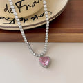 Pink Heart Pendant Necklace for Women Lovers Rhinestione Clavicle Chain Chocker Female Cute Crystal Moonstone Jewlery Gifts