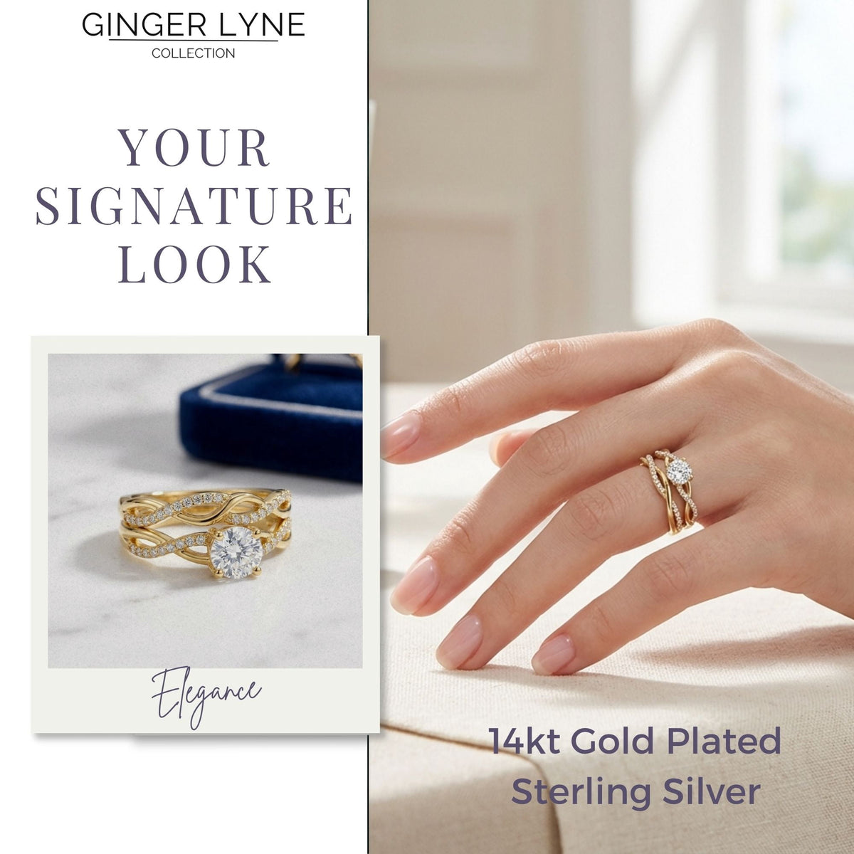 Queena 14K Gold over Sterling Silver Wedding Ring Set CZ Anniversary Band Engagement Ring for Women by Gingerlyne