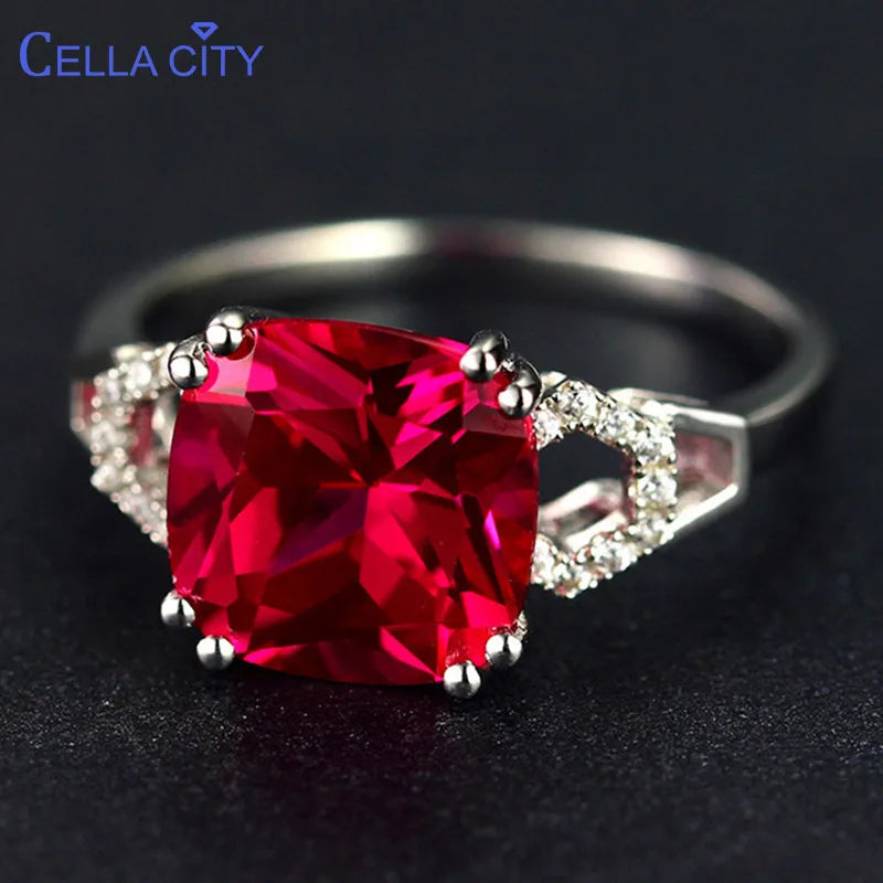 Cellacity Classic Silver Ring with Square Ruby/Emerald Gemstone Charm Women Silver Jewlery Engagement Lady Gift Size 6-10