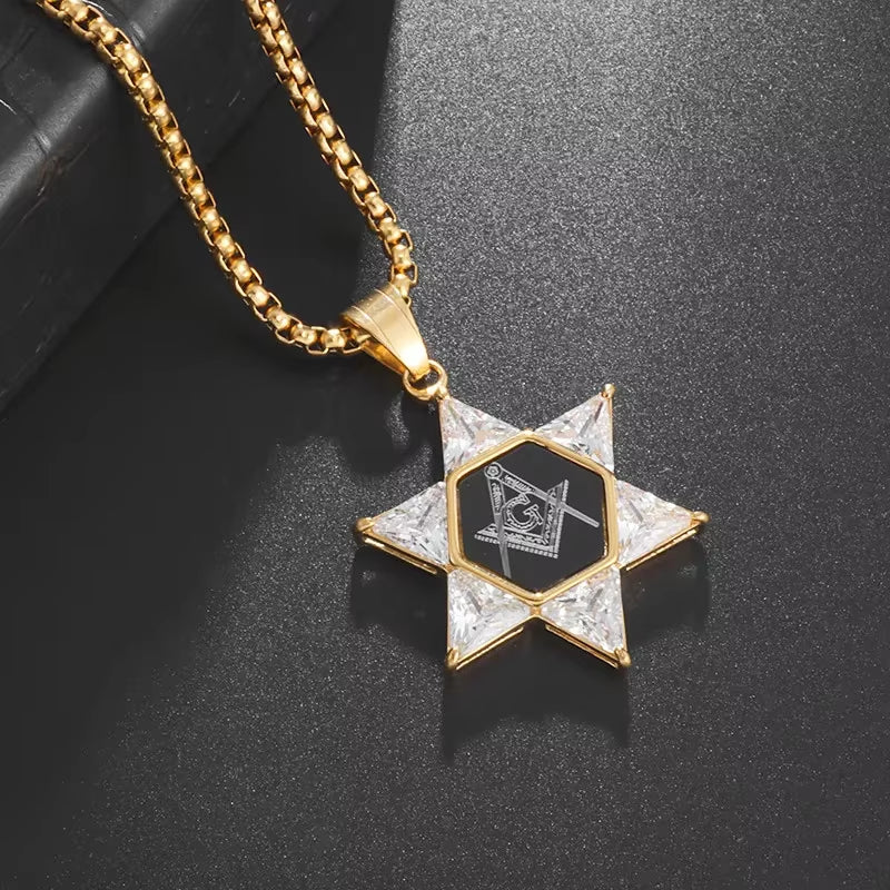 Men\'S High Quality Metal Gold Plated Star of David Masonic Pendant Necklace Classic Punk Religious Style Amulet Jewelry