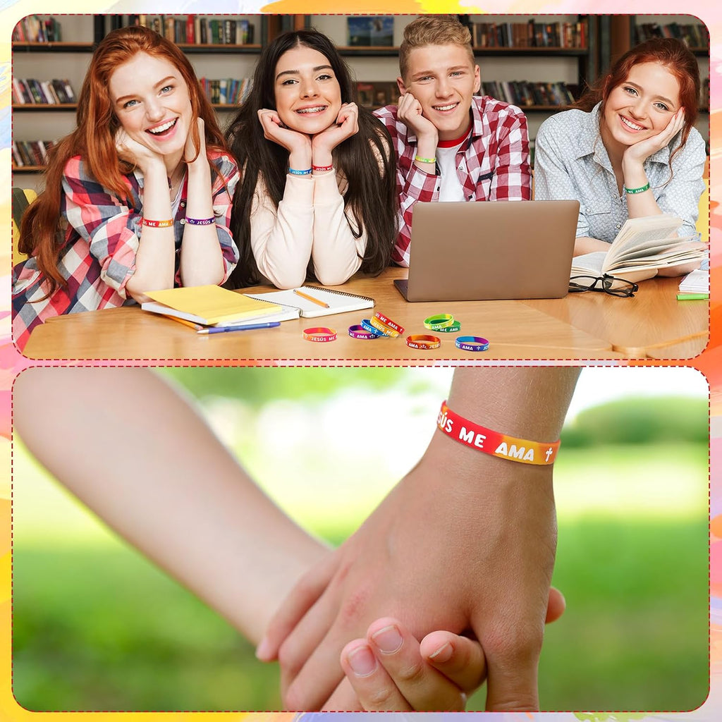 50 Pcs Jesus Me Ama Spanish Rainbow Wristbands 10 Cross Styles