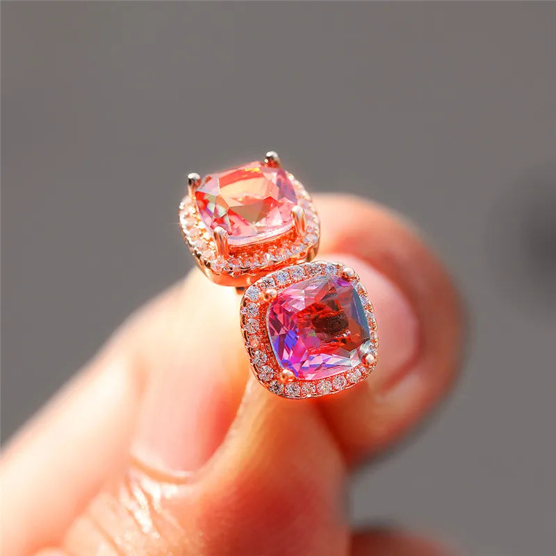 Korean Style Female Colorful Rainbow Stud Earrings Charm Zircon Stone Rose Gold Color Wedding Jewelry for Women