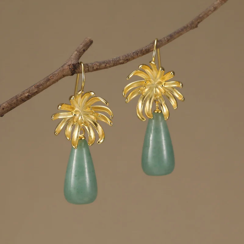 Real 925 Sterling Silver Natural Stones Handmade Jewlery Elegant Chrysanthemu Drop Earrings