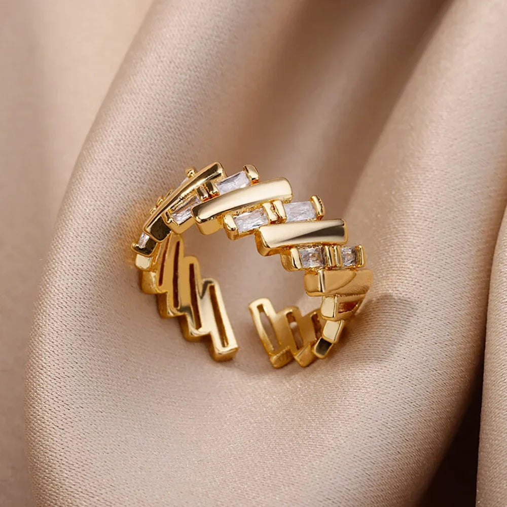 Zircon Geometric Rings for Women Stainless Steel Open Luxury Gold Color Wedding Couple Ring Party Jewlery Accessories Anillos