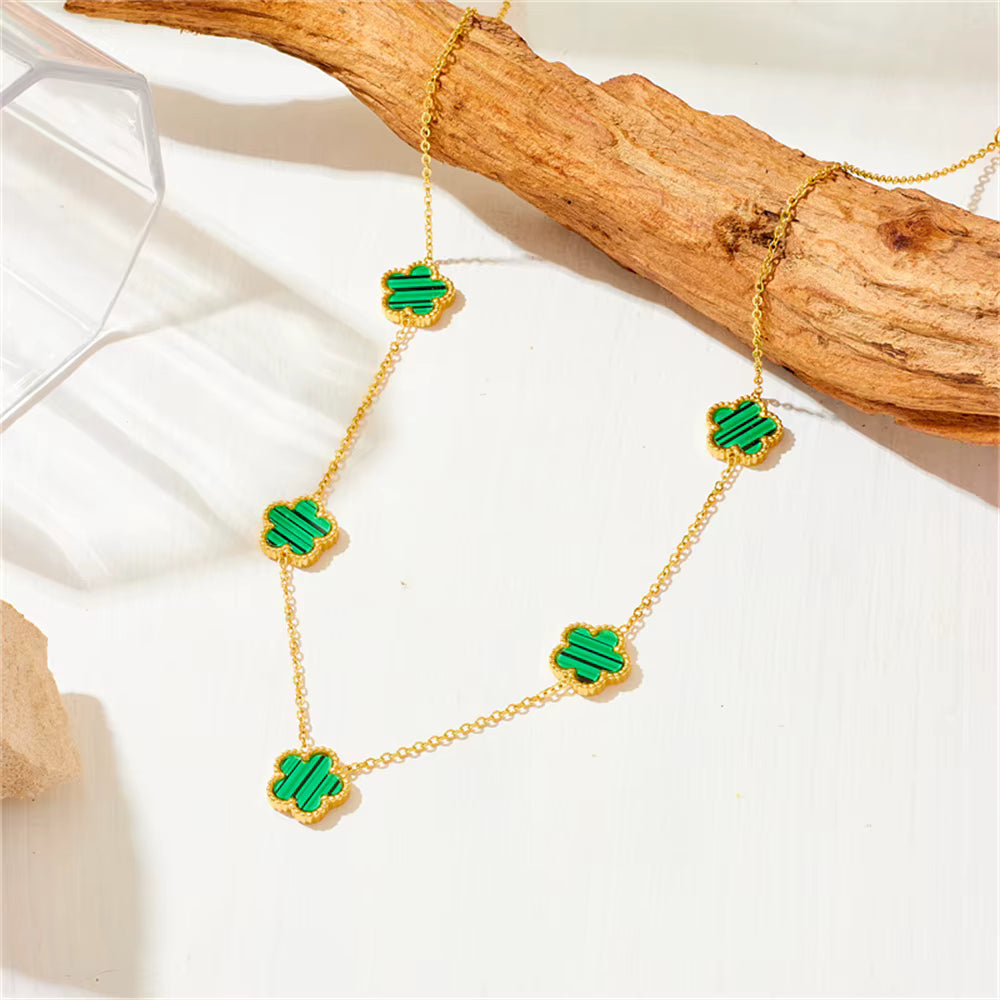 Women'S Trendy 18K Gold Plated Jewelry Set Five Leaf Clover Necklace Bracelet Earrings Stainless Steel Jewelry Para Mujer