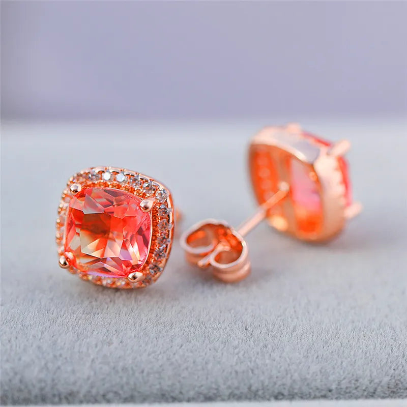 Korean Style Female Colorful Rainbow Stud Earrings Charm Zircon Stone Rose Gold Color Wedding Jewelry for Women