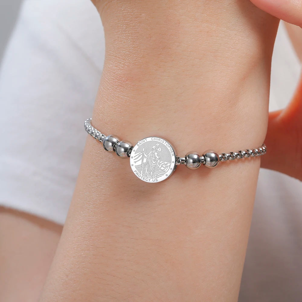 Saint Christopher Bracelet Double Sides Charm Religious Christian Protection Jewelry Catholic Gifts Stainless Steel Bracelet