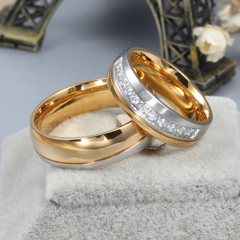 Wedding Ring for Women / Men Gold Color Love Engagement Couple Stainless Steel Lovers Jewlery Anniversary Gift US Size