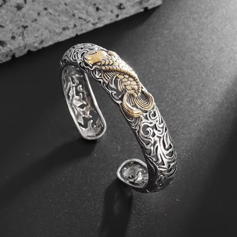 Retro Punk Koi Fish Engraved Pattern Bracelet Suitable for Men and Women Good Luck Trendy Open Bracelet Jewelry Gift