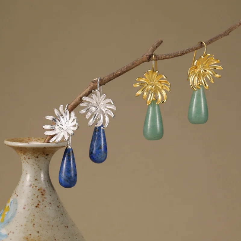 Real 925 Sterling Silver Natural Stones Handmade Jewlery Elegant Chrysanthemu Drop Earrings