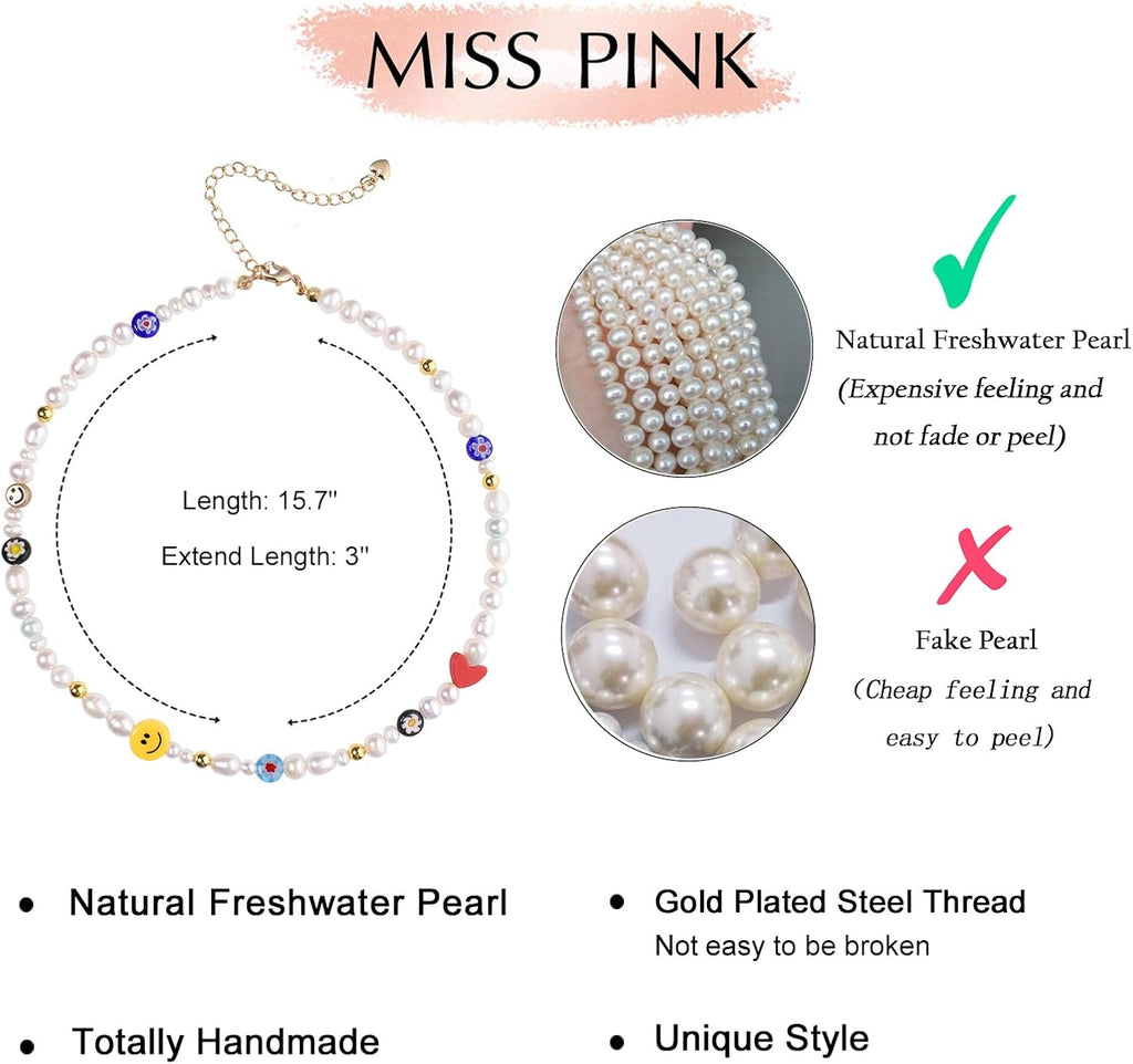 Natural Freshwater Pearl Fun Flirty Beaded Choker Necklace Handmade Summer Boho Jewlery Gifts for Women Teen