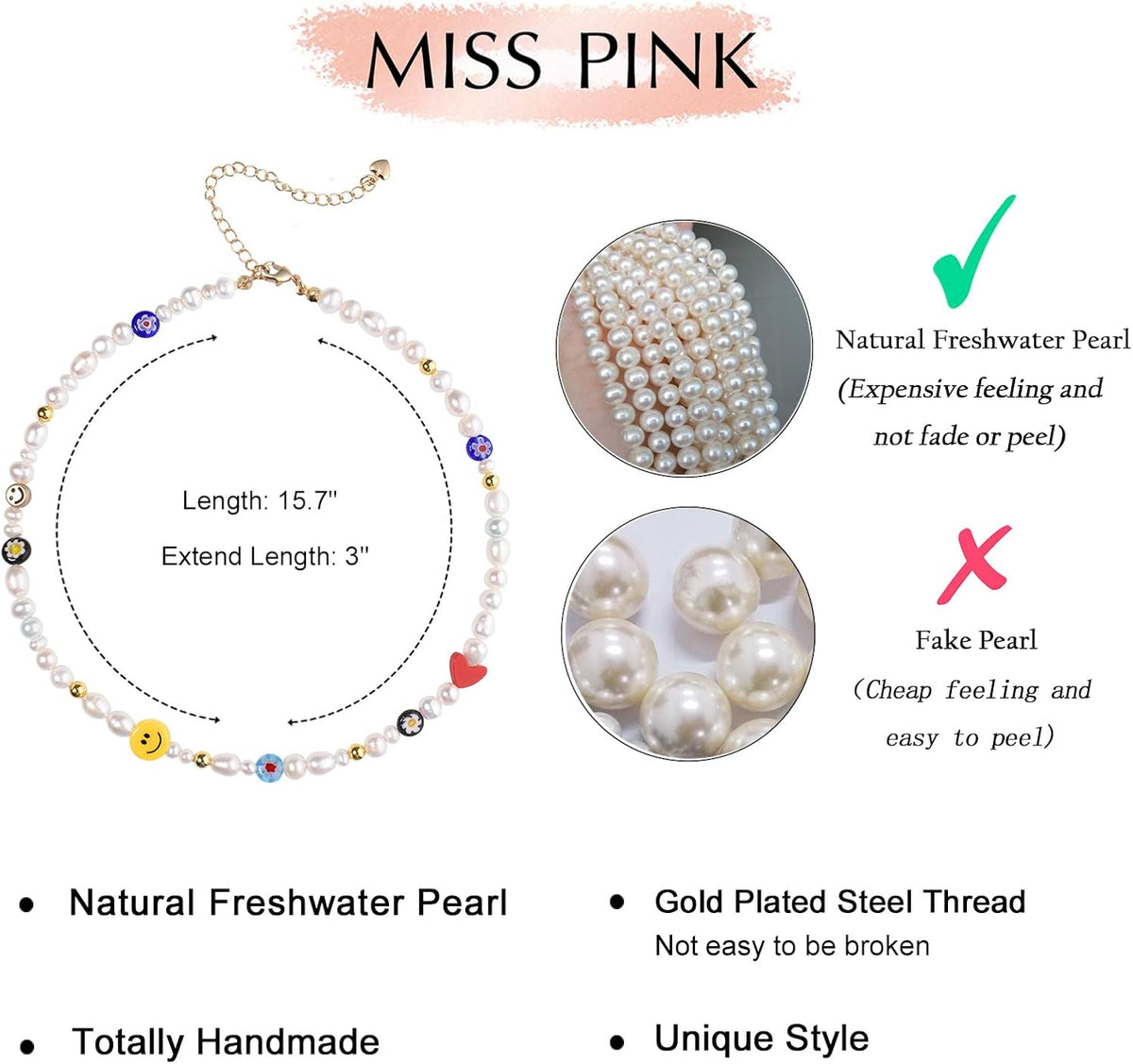 Natural Freshwater Pearl Fun Flirty Beaded Choker Necklace Handmade Summer Boho Jewlery Gifts for Women Teen