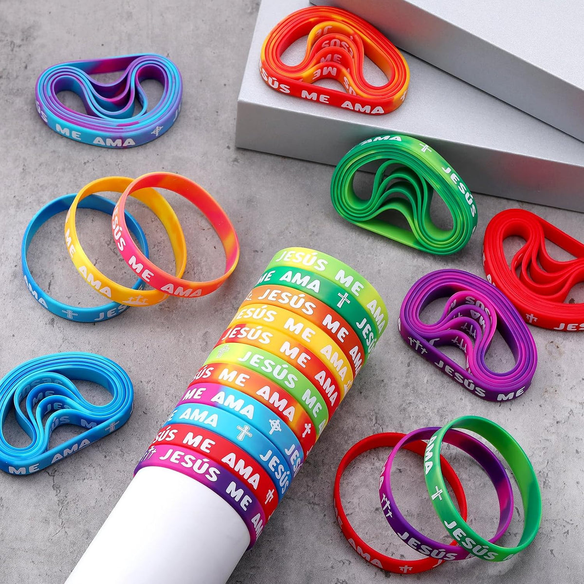 50 Pcs Jesus Me Ama Spanish Rainbow Wristbands 10 Cross Styles