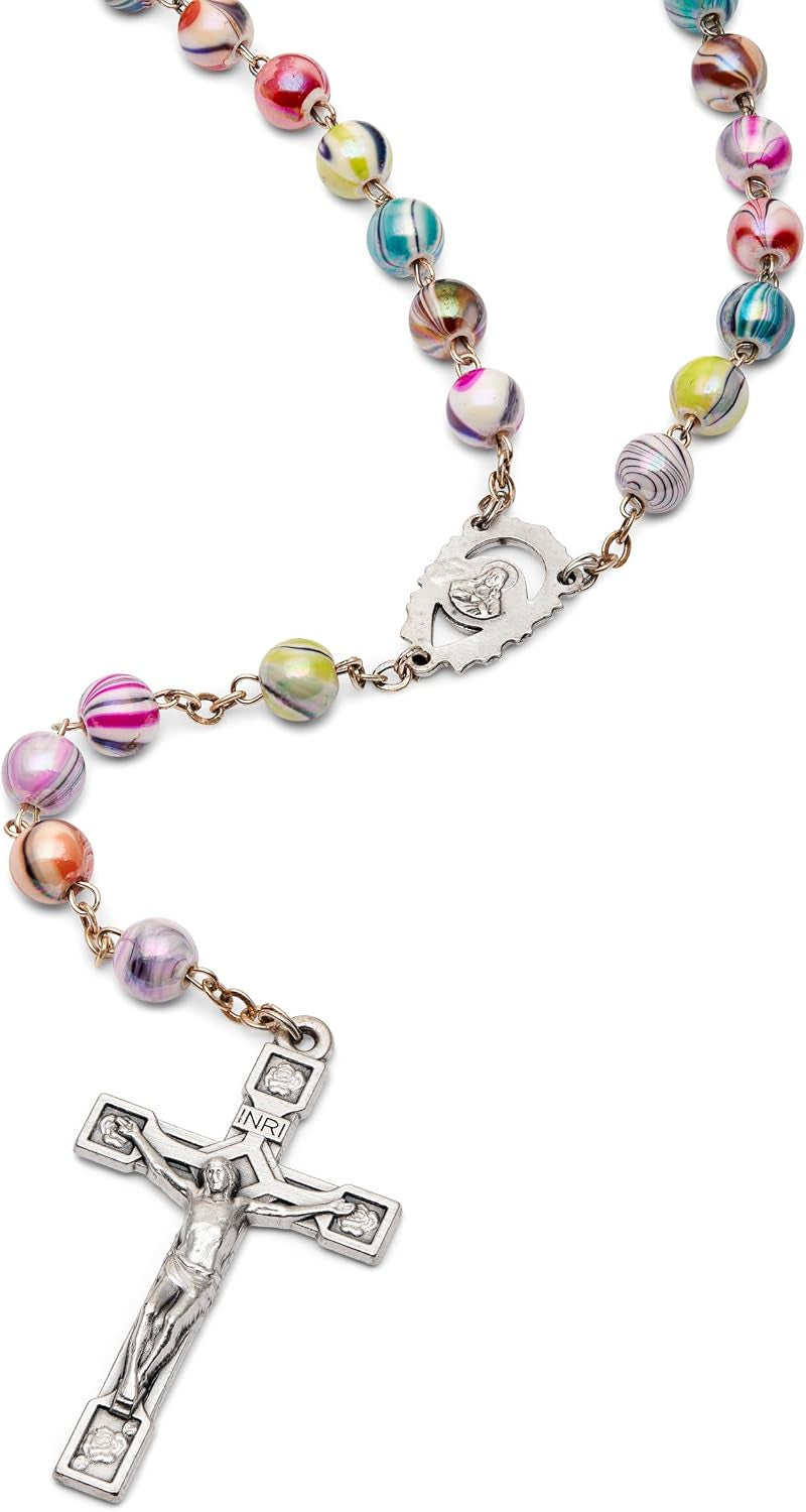 Multicolor Catholic Rosary in 0,31" Arlecchino Beads with a Decorated Our Lady of Sorrow Centerpiece.