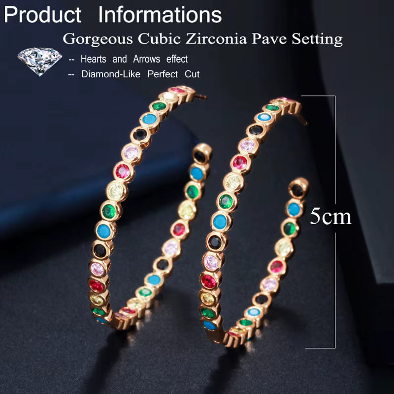 50Mm Shiny Geometry round Circle Big Hoop Earrings Inlay Clear White Colorful Cubic Zirconia Stones Women Jewlery E352