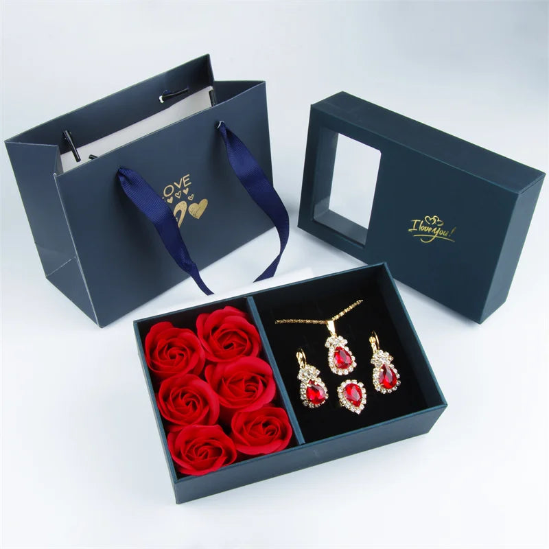 Necklace Earrings Jewelry Suit Four Leaf Clover Jewlery for Party Wedding Eternal Life Flower Gift Box