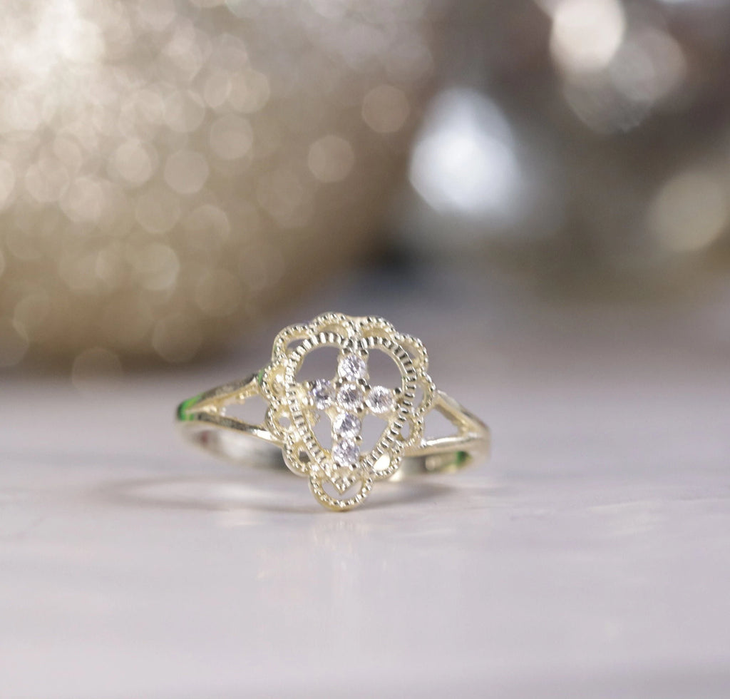 10K Yellow Gold CZ Cross Ring - Religious Gift