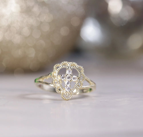 10K Yellow Gold CZ Cross Ring - Religious Gift