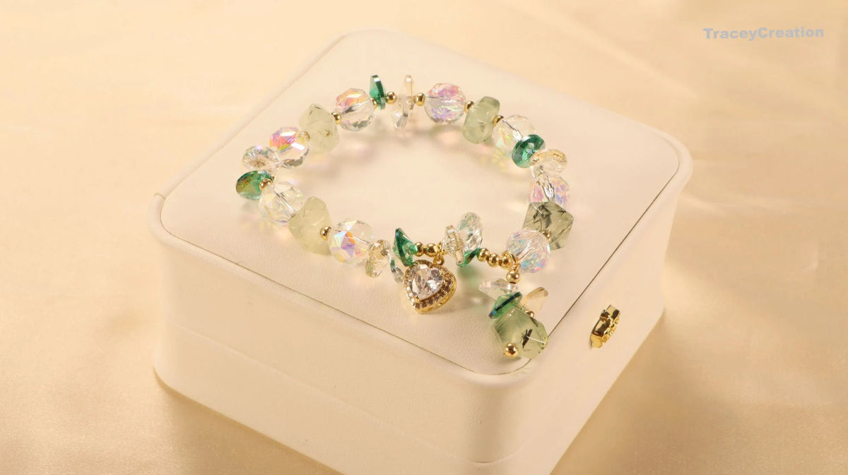 Prehnite Crystal Bracelet with Zircon Heart: Gemstone Meditation Jewelry