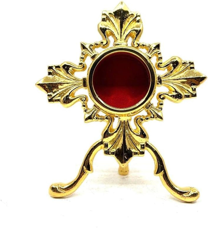 Solid Brass Reliquary - 24 Carat Gold-Plated Catholic Monstrance Cross Decor Stand with Red Center - My Catholic Faith Sacred Gift for Altar or Devout Collectors