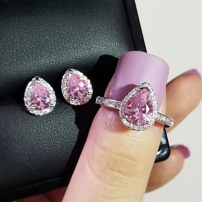 India Turkish Luxury Fashion Pink Blue Silver Color Jewelry Set for Wedding Women Dubai Ring Earring Party Gift Jewlery Z8