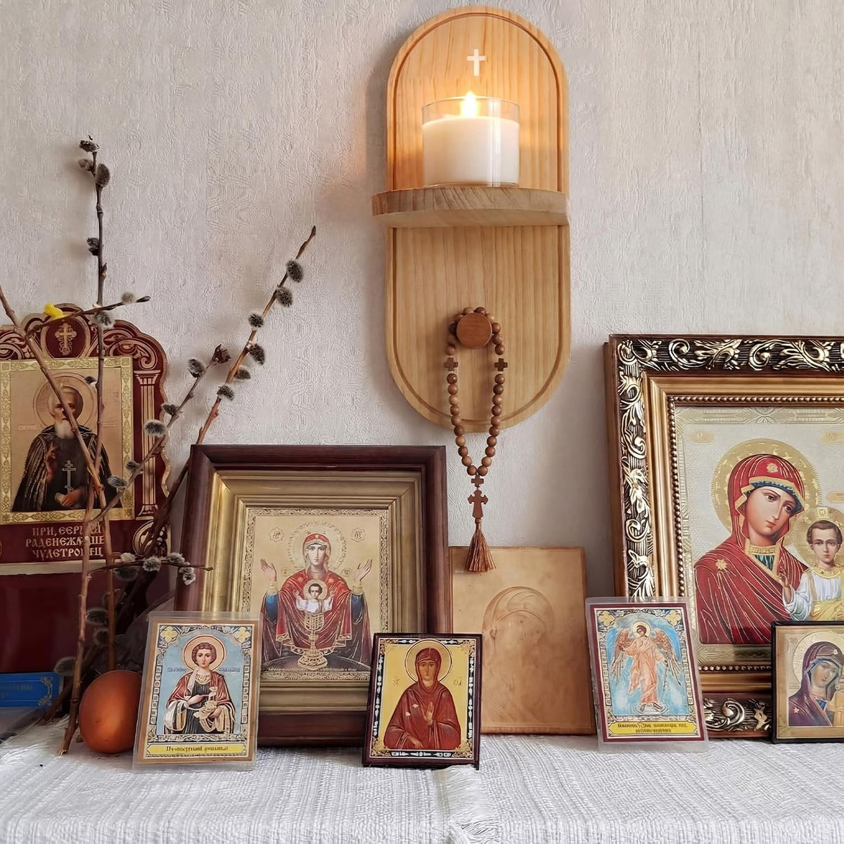 Wooden Christian Rosary Prayer Shelf with Candle Holder Catholic