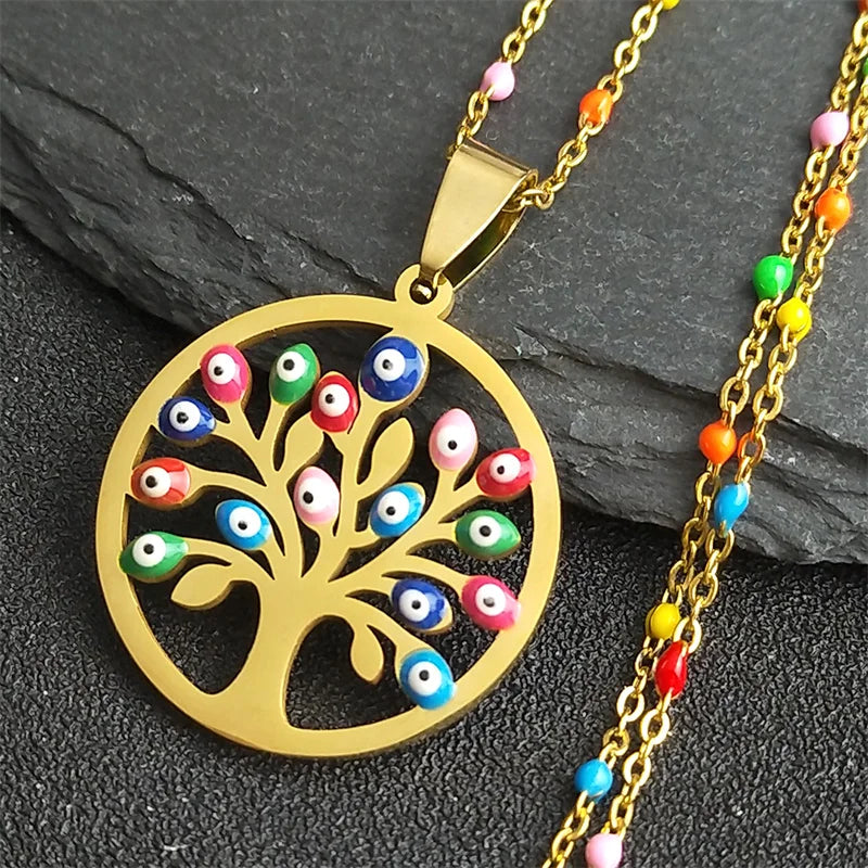 Bohemian Colorful Turkey Eyes Stainless Steel Tree of Life Chain Necklace Gold Color Necklaces Jewelry Arbre De Vie N5210S04