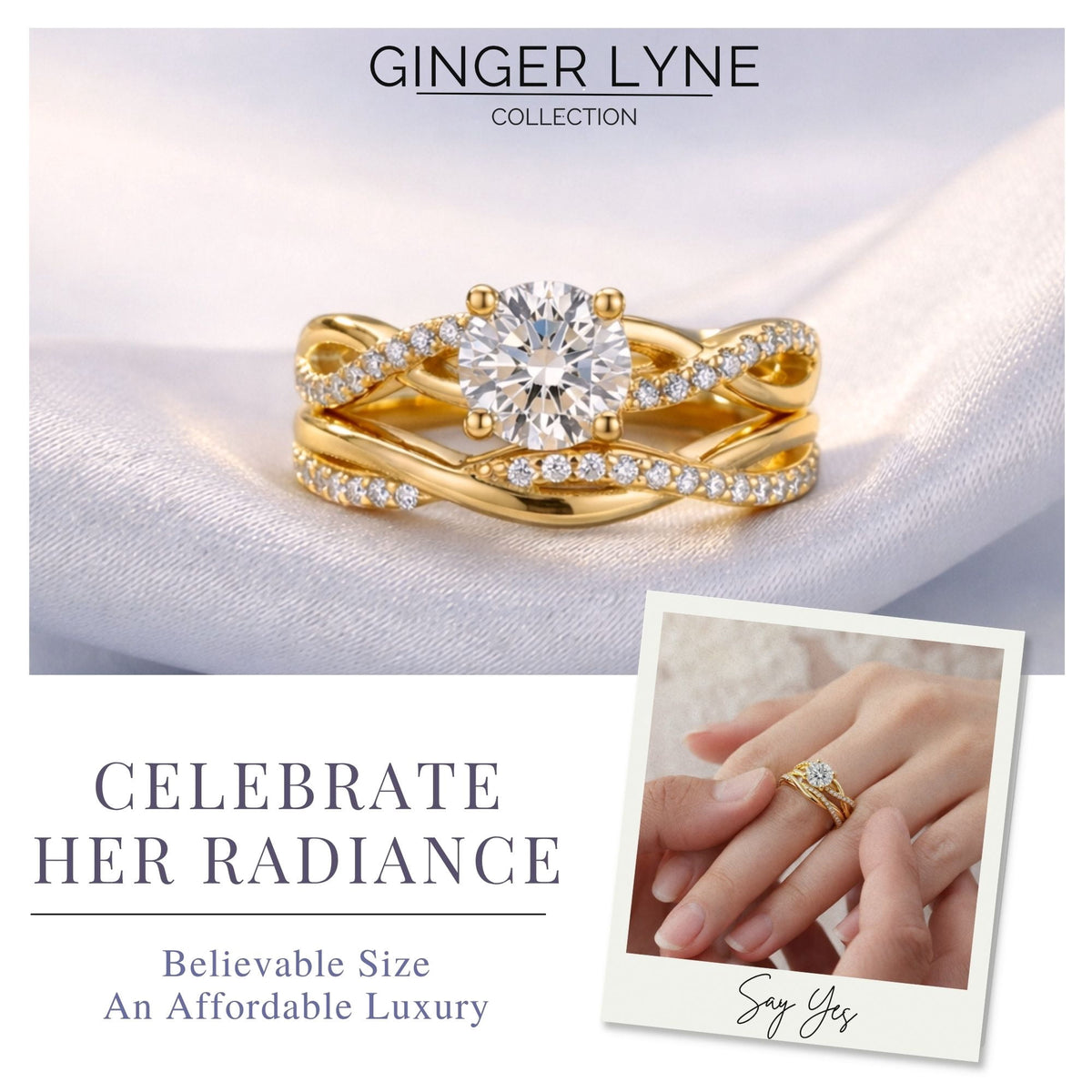 Queena 14K Gold over Sterling Silver Wedding Ring Set CZ Anniversary Band Engagement Ring for Women by Gingerlyne