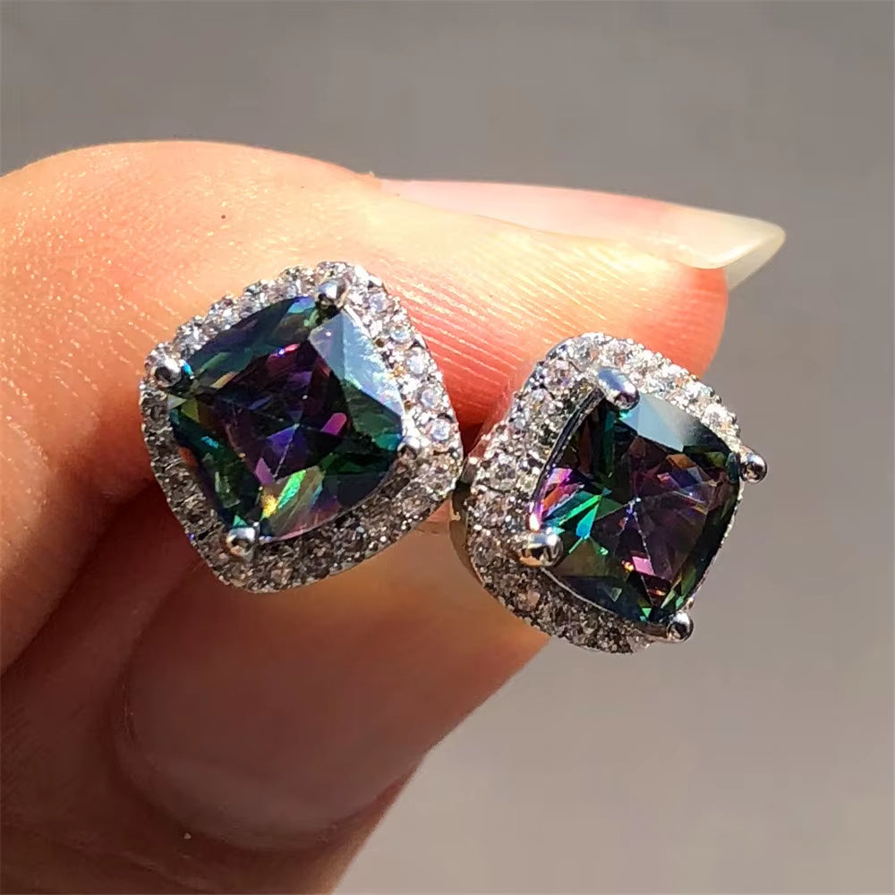 Luxury Female Crystal Zircon Stone Earrings Fashion Silver Color Yellow Double Stud Earrings for Women