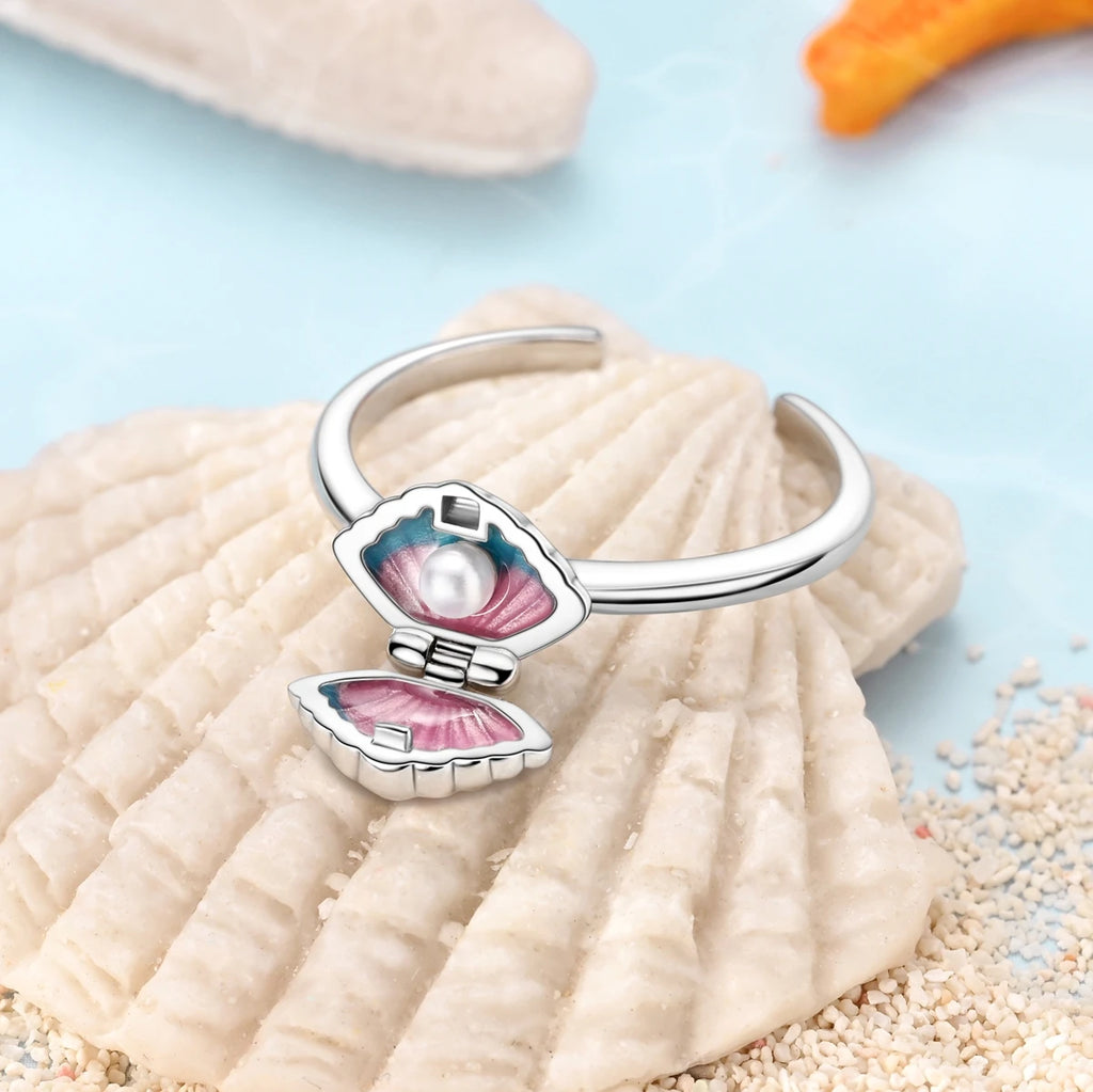 Summer New 925 Sterling Silver Openable Pearl Shell Rings Charms Fit DIY Finger Women Party Travel Jewelry Gift for Girl
