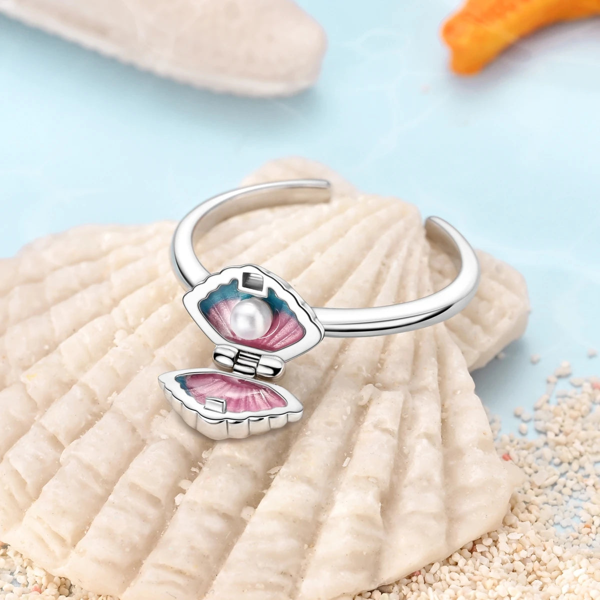 Summer New 925 Sterling Silver Openable Pearl Shell Rings Charms Fit DIY Finger Women Party Travel Jewelry Gift for Girl