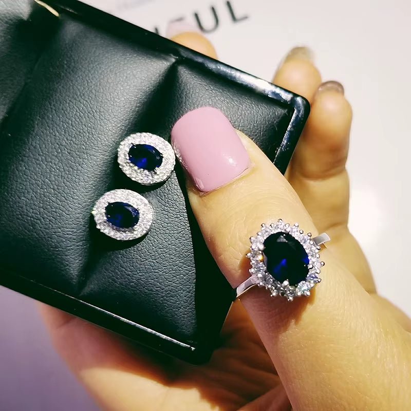 India Turkish Luxury Fashion Pink Blue Silver Color Jewelry Set for Wedding Women Dubai Ring Earring Party Gift Jewlery Z8