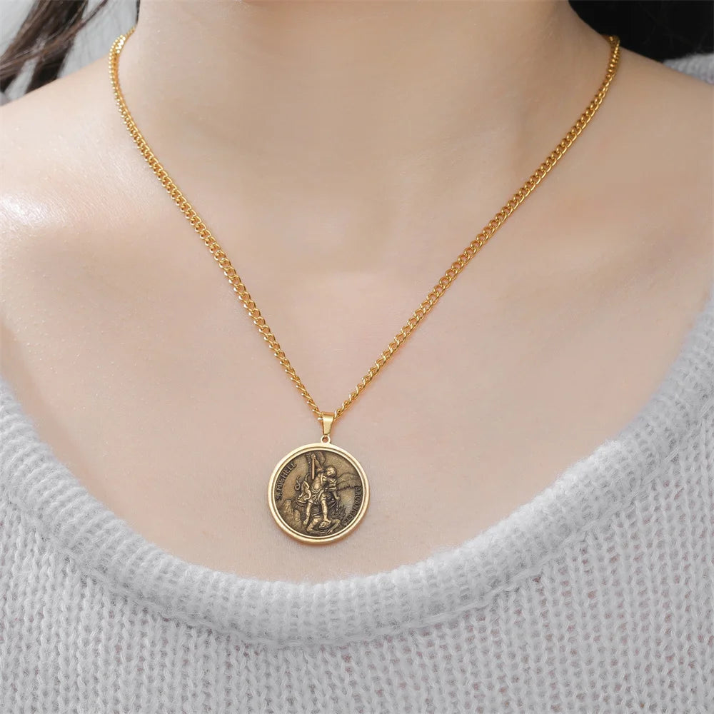St. Michael Archangel Necklace Vintage Embossed Brass Medal Necklace Catholic Protection Amulet Men Religious Pendant Jewelry